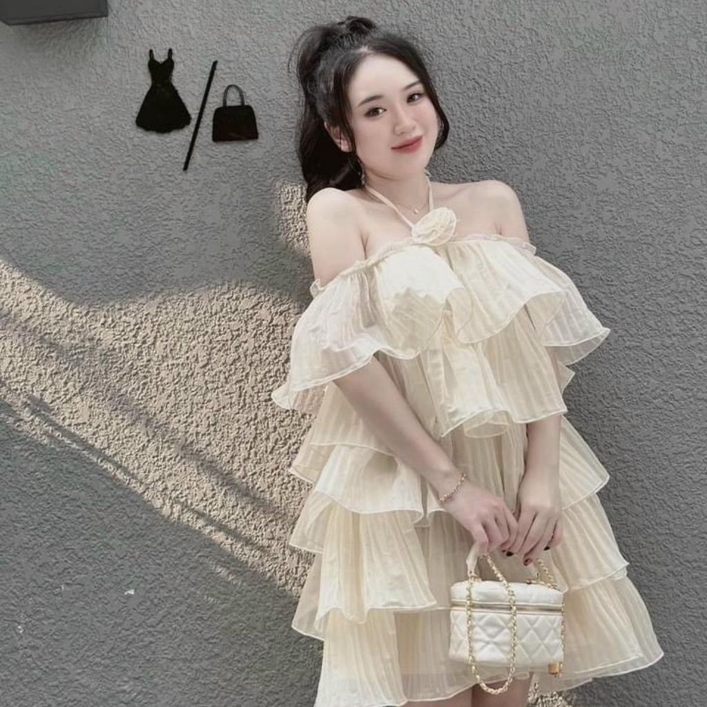 Đầm babydoll trễ vai xếp ly bèo tầng dài trên gối 2 màu kèm tag hoa