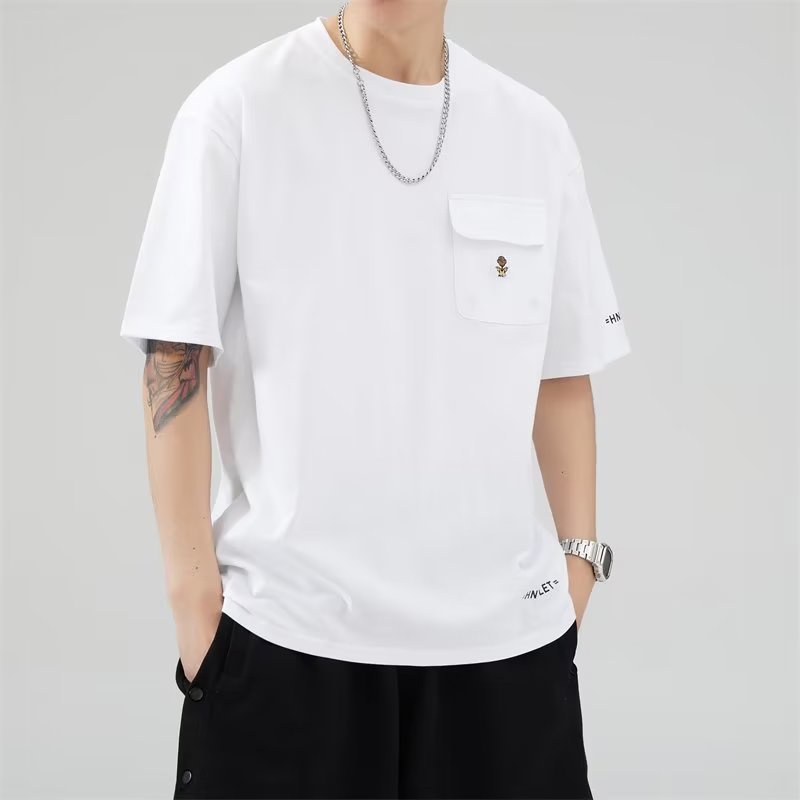 Áo Thun Cotton Ngắn Tay Màu Trơn Phối Túi Thời Trang Đường Phố Mùa Hè Cho Nam