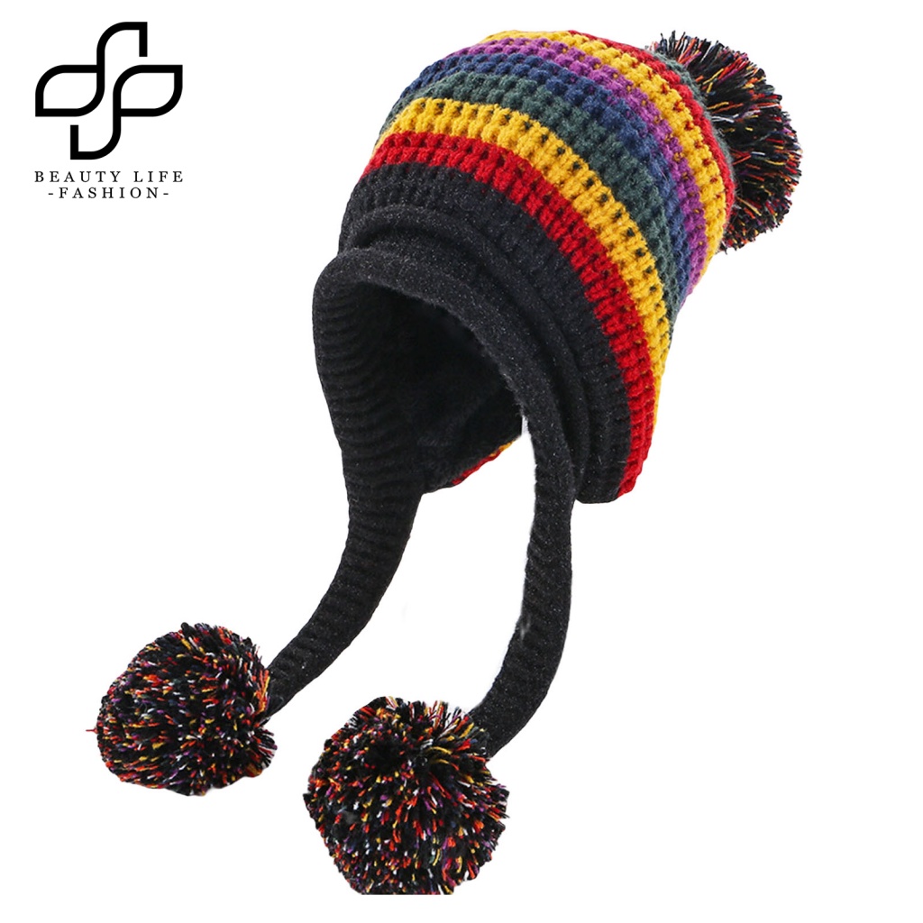 Mũ beanie Trùm Đầu Co Giãn Giữ Ấm Mùa Đông Phối Bóng Lông Nhiều Màu Sắc Thời Trang Dành Cho Nữ