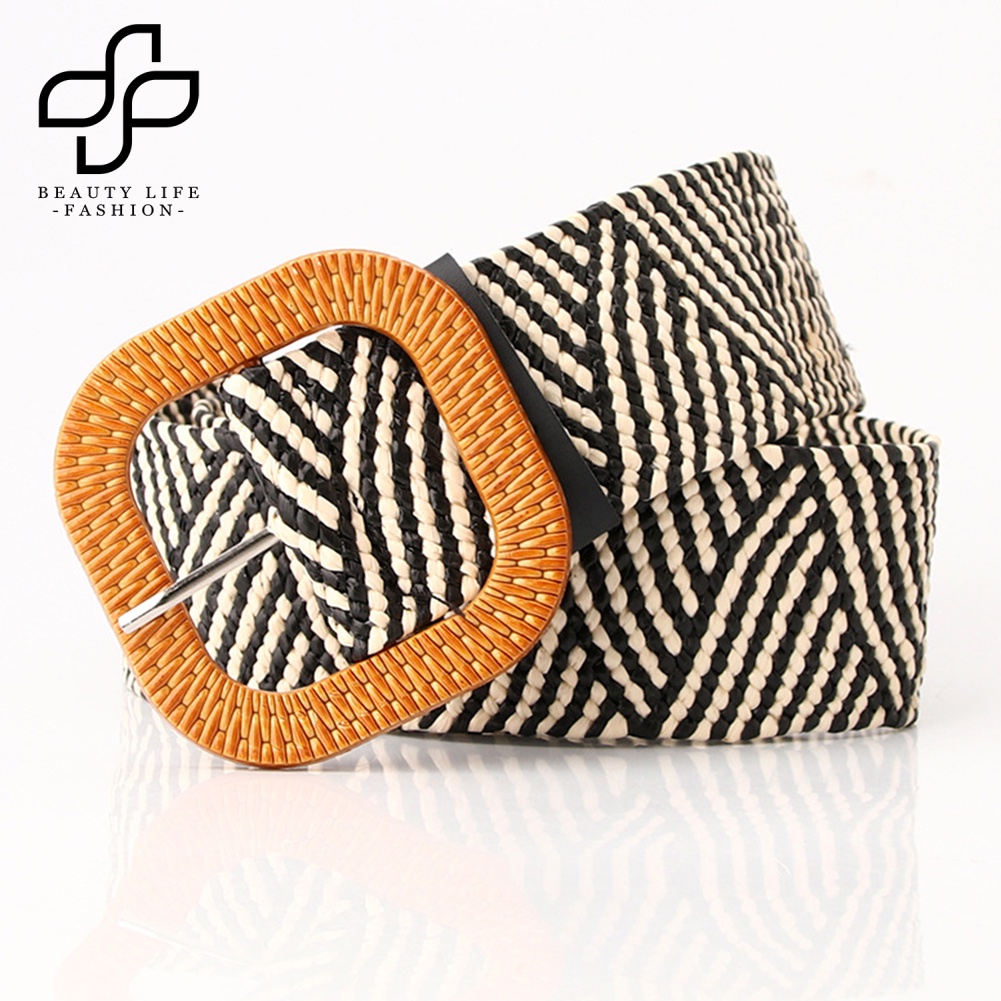 Thắt Lưng Dây Rơm Dệt Co Giãn Có Khóa Cài Phong Cách Boho Thời Trang Cho Nữ