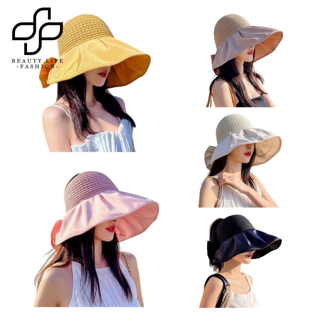 Mũ Rộng Vành Dệt Kim Hở Chóp Đính Nơ To Co Giãn Thời Trang Đi Biển Cho Nữ