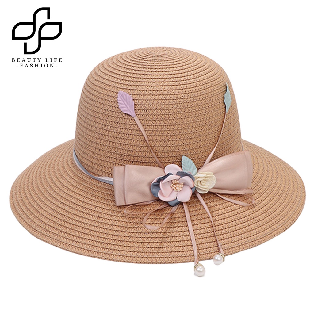 Nón Cối Rộng Vành Phối Nơ Ruy Băng Đính Ngọc Trai Giả Thời Trang Mùa Hè Cho Nữ