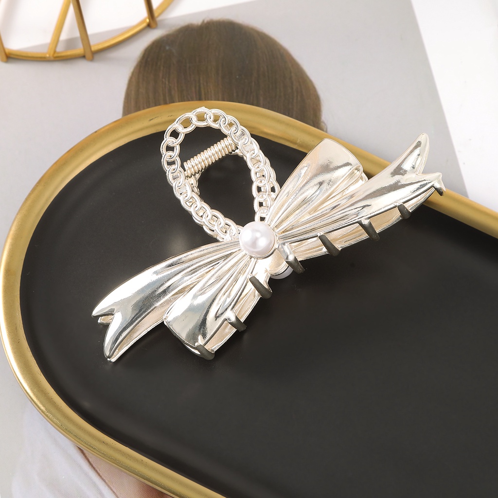 Kẹp Tóc Hình Nơ Đính Ngọc Trai Bằng Kim Loại Phong Cách Hàn Quốc Ngọt Ngào Cho Nữ