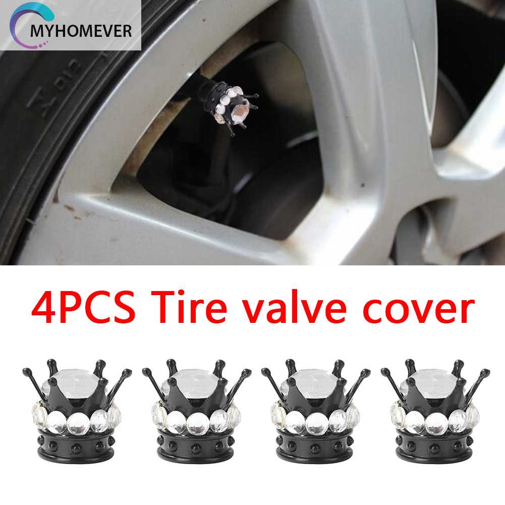 Bộ 4 Nắp Van Bánh Xe Hình Vương Miện Đen Đính Đá Lấp Lánh