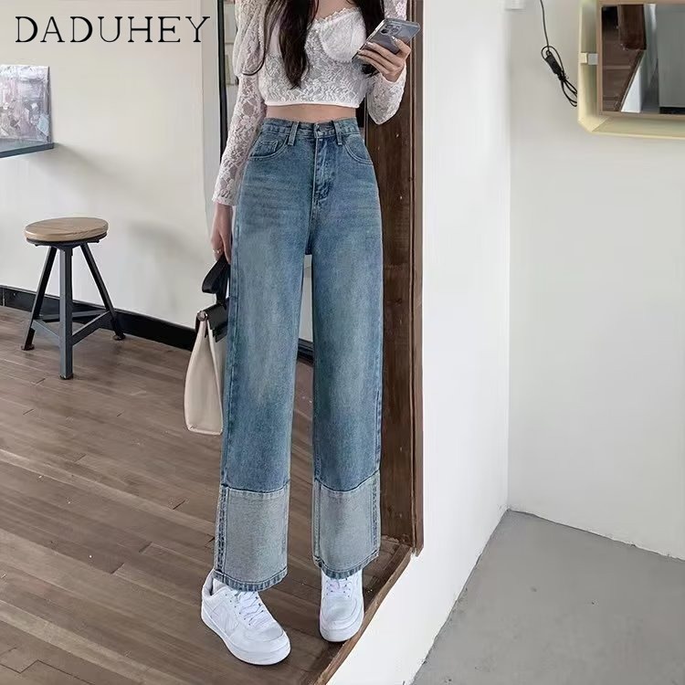 DaDuHey New Korean Version of Ind Roll Edge Retro Jeans Niche High Waist Wide Leg Pants Large Size Trousers