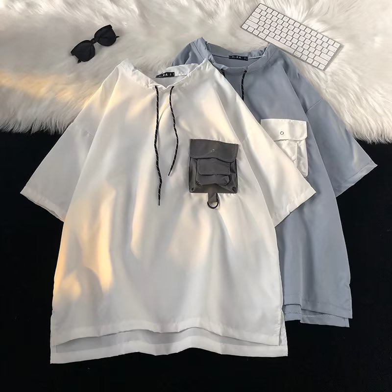 Áo Thun Tay Ngắn Dáng Rộng Phối Dây Rút Phong Cách Nhật Bản Thời Trang Mùa Hè Cho Nam