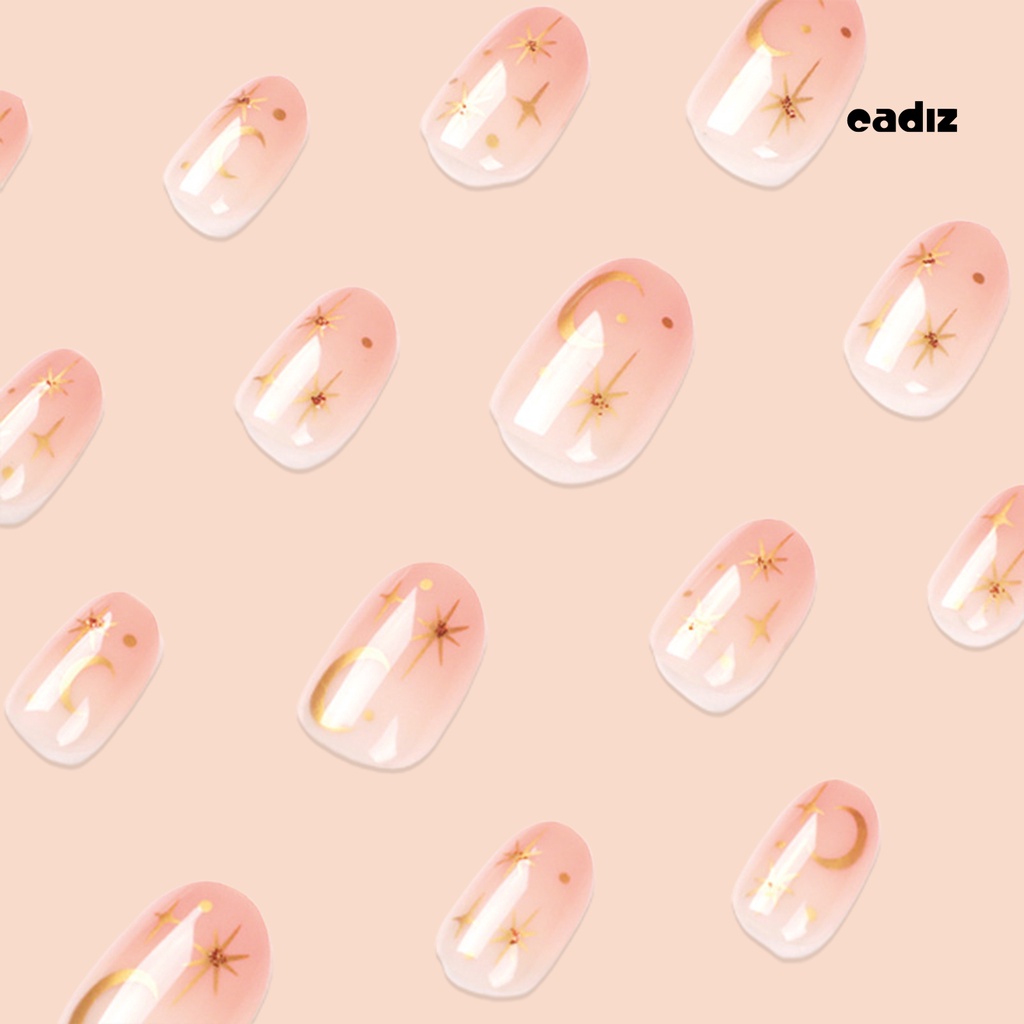 Bộ 24 Móng Tay Giả Hình Vuông Ngắn Đính Ngôi Sao / Mặt Trăng Màu Vàng Bóng Có Keo Dán Trang Trí Toàn Diện DIY