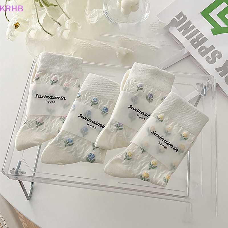 1 Đôi Tất Cotton Trắng In Hình Hoa Tulip Phong Cách Harajuku Nhật Bản Đáng Yêu Cho Nữ Mới