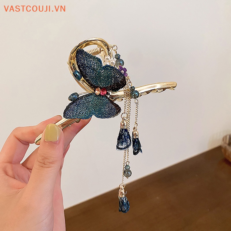 Kẹp Tóc Kim Loại Hình Bướm Đính Đá Pha Lê Tua Rua Phong Cách Hàn Quốc