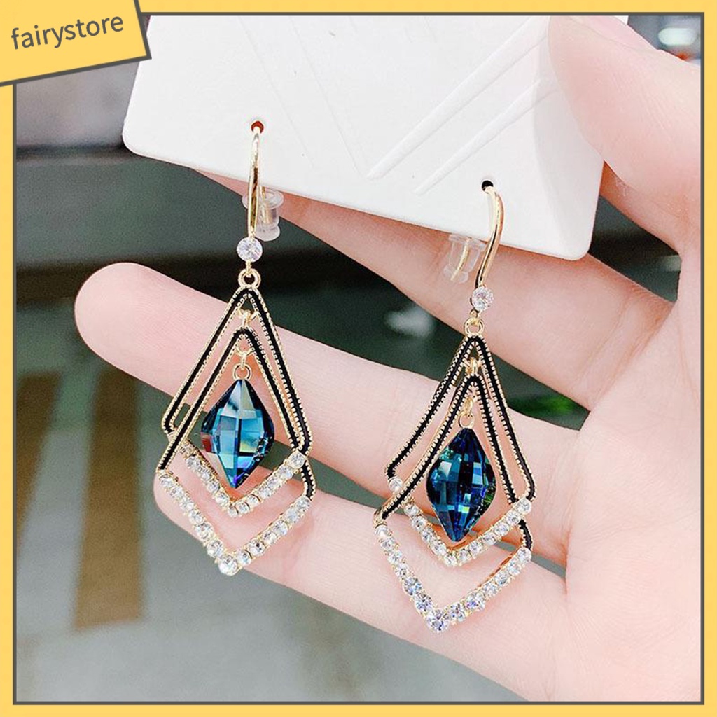 1 Đôi Bông Tai Hình Thoi Hai Lớp Đính Đá Lấp Lánh Dành Cho Nữ