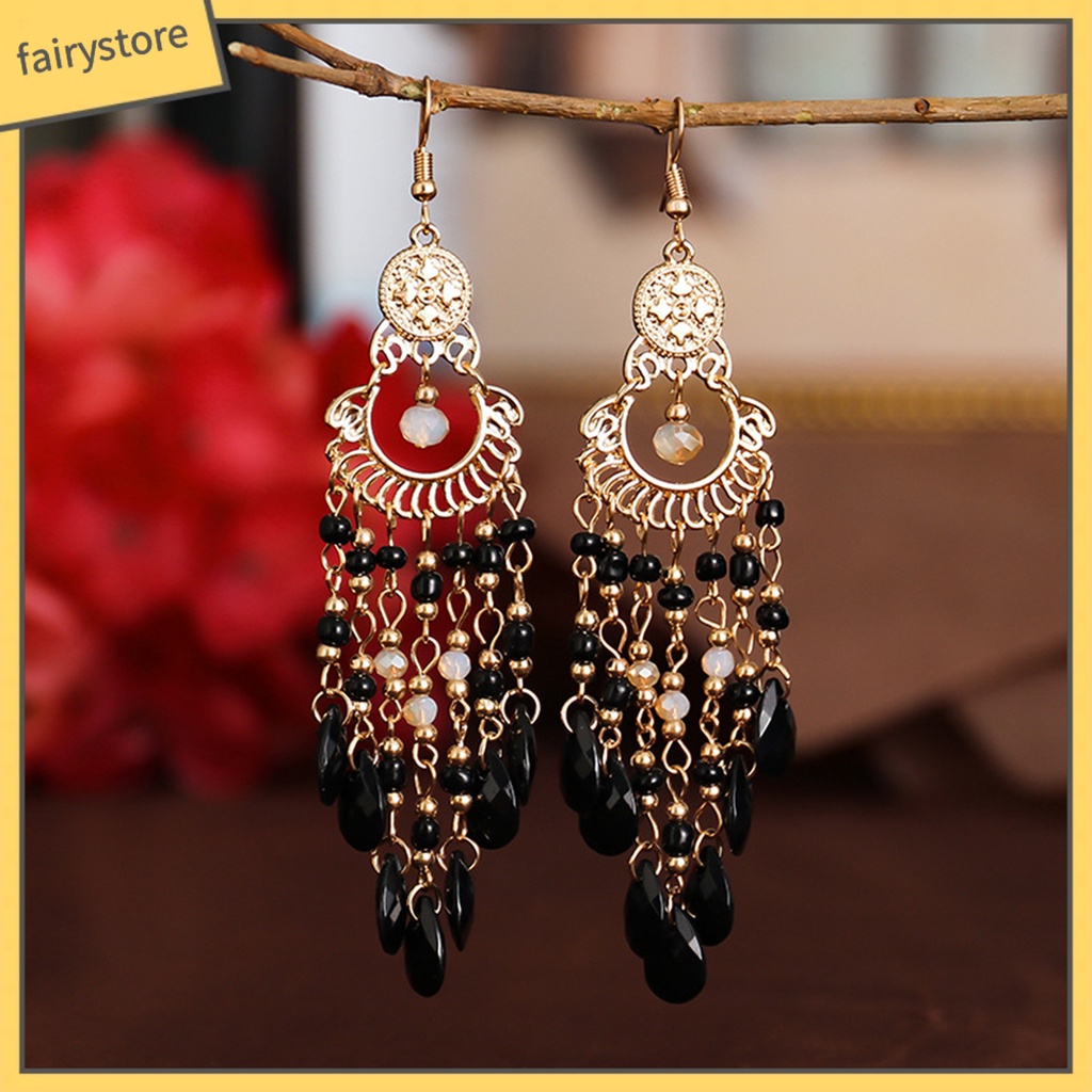 1 Đôi Bông Tai Dáng Dài Đính Hạt Phong Cách Bohemia Thời Trang Cao Cấp