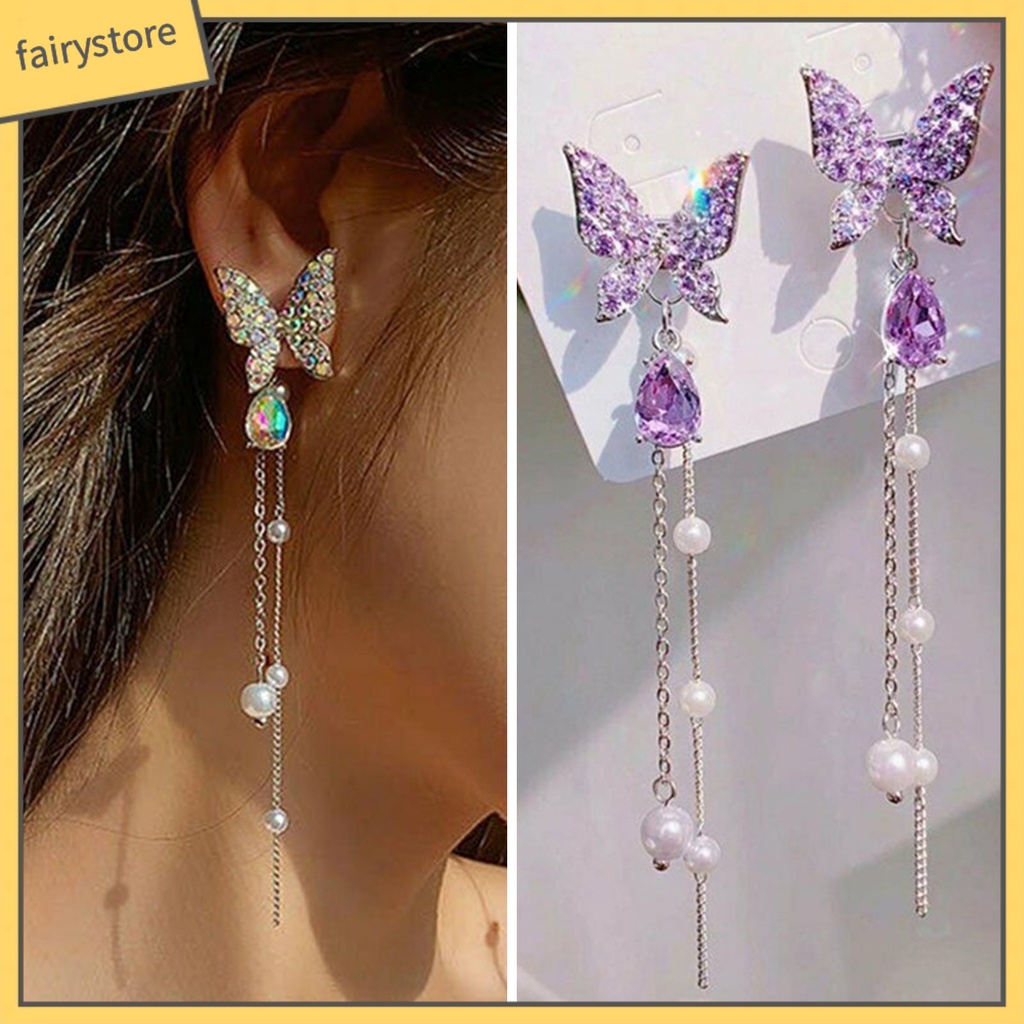 1 Đôi Bông Tai Dáng Dài Hình Bướm Đính Đá Tinh Tế Thời Trang