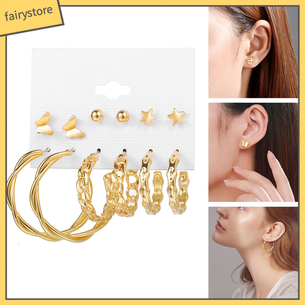 Set 6 Đôi Bông Tai Khoen Tròn Đính Ngọc Trai Giả Sang Trọng Cho Nữ