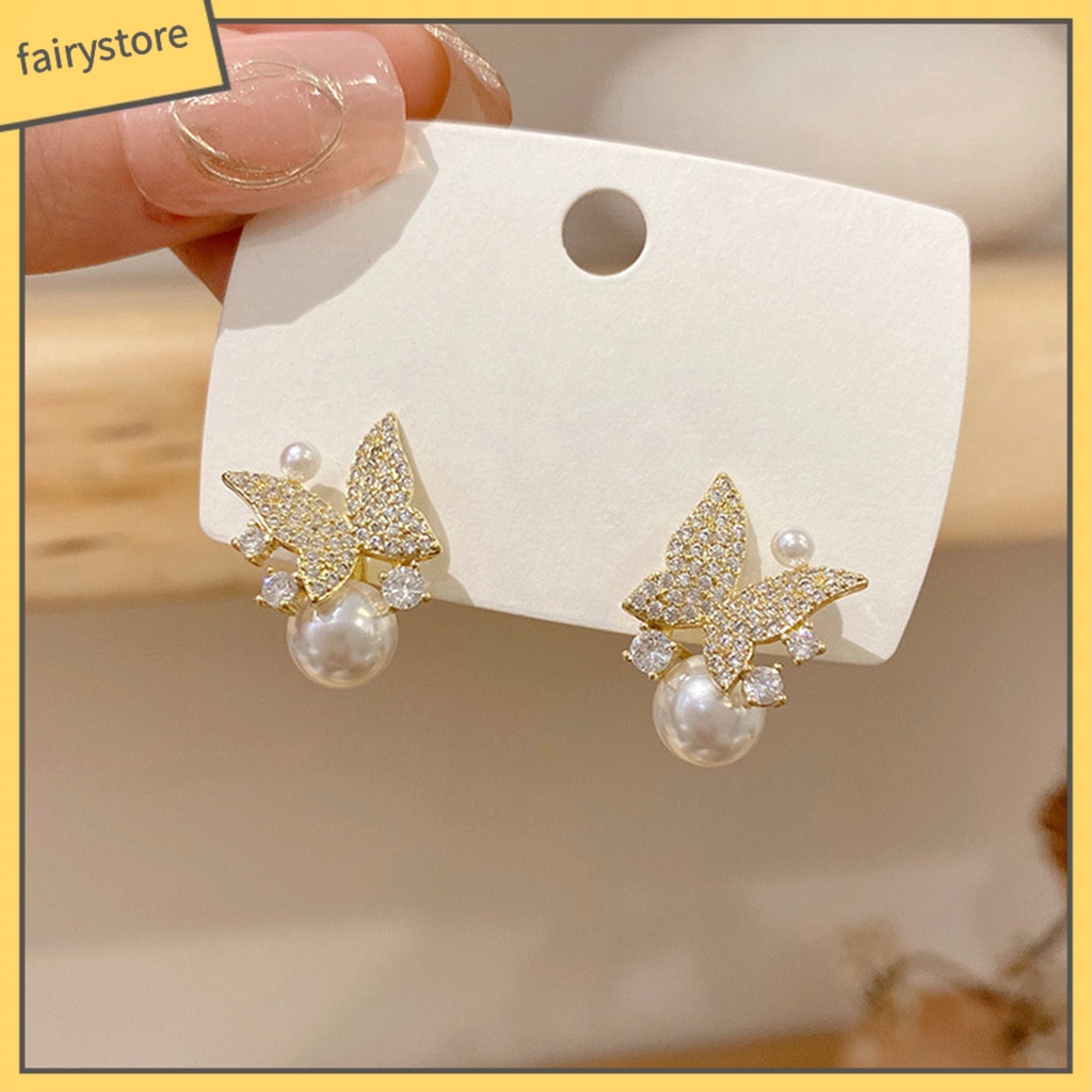 1 Đôi Bông Tai Hình Bướm Đính Ngọc Trai Giả Phong Cách Hàn Quốc Dành Cho Nữ
