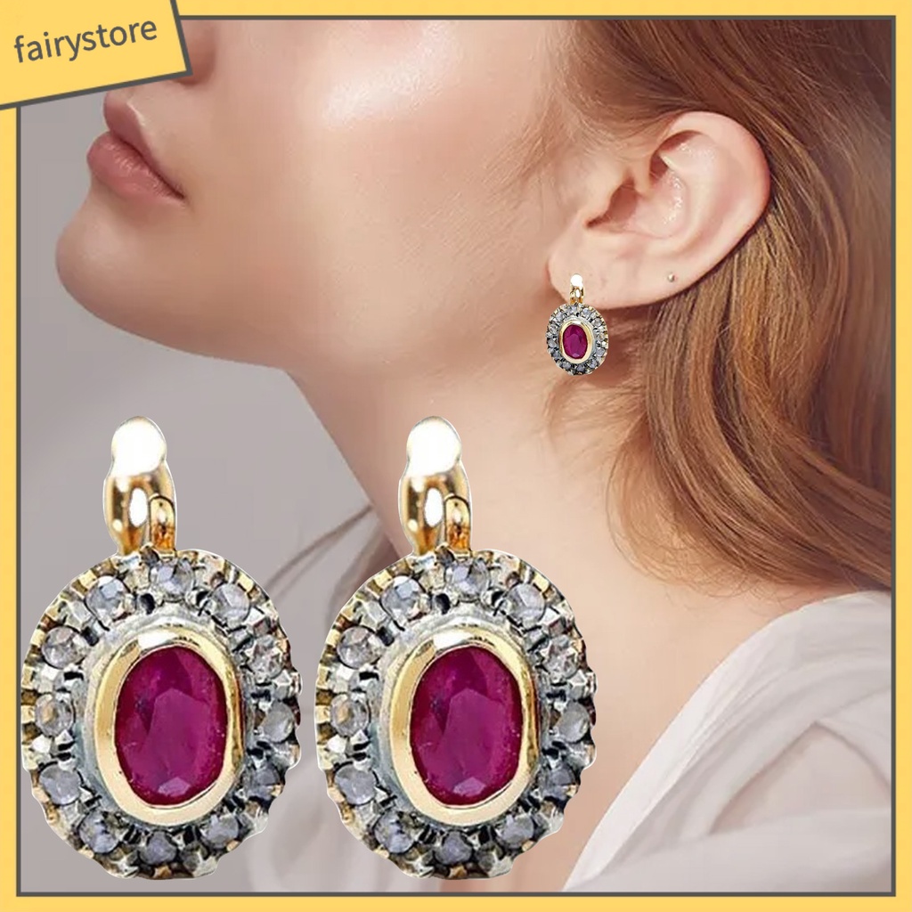 1 Đôi Bông Tai Đính Đá Zircon Đỏ Hình Oval Bằng Hợp Kim Dành Cho Nữ