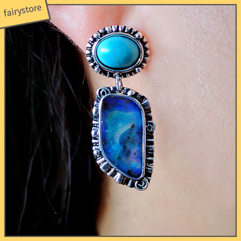 Bông Tai Dáng Dài Đính Đá Ngọc Lam Giả Phong Cách Vintage Thời Trang Cho Nữ