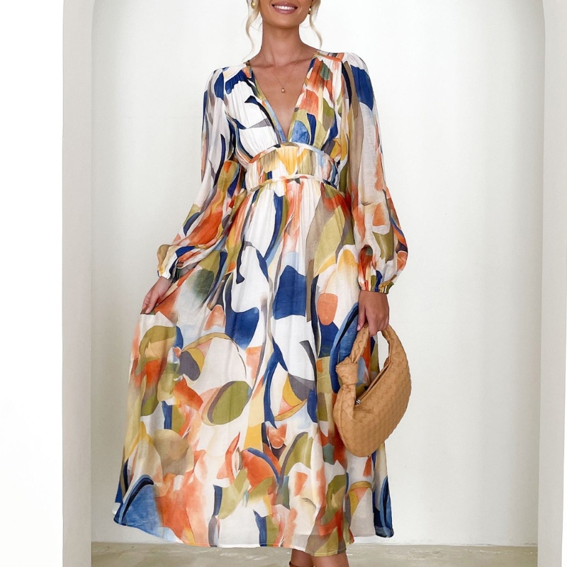 Đầm Dài Tay Phồng Cổ Chữ V In Hoa Thời Trang Mùa Hè Thanh Lịch Dành Cho Nữ