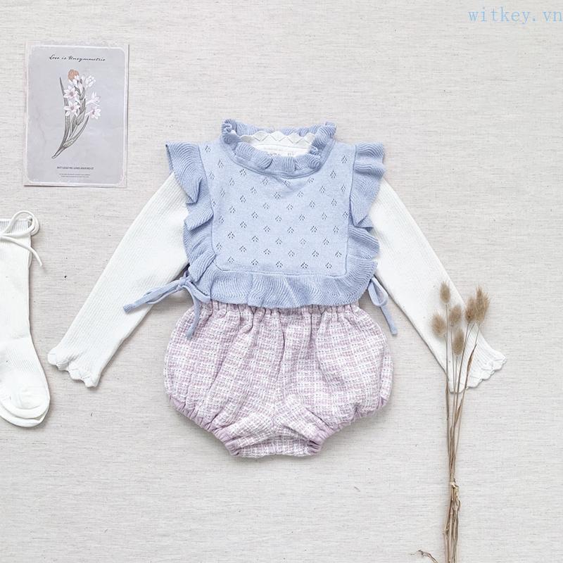 Yếm Ăn Cotton Dệt Kim Khoét Rỗng Màu Trơn Trang Trí Diềm Xếp Nếp Trang Trí Cổ Áo Cho Bé Gái Sơ Sinh