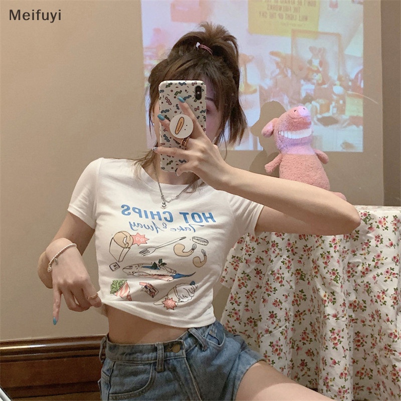 Áo Thun Crop Top Tay Ngắn Cổ Tròn Dáng Ôm In Họa Tiết Thời Trang Mùa Hè Cho Nữ