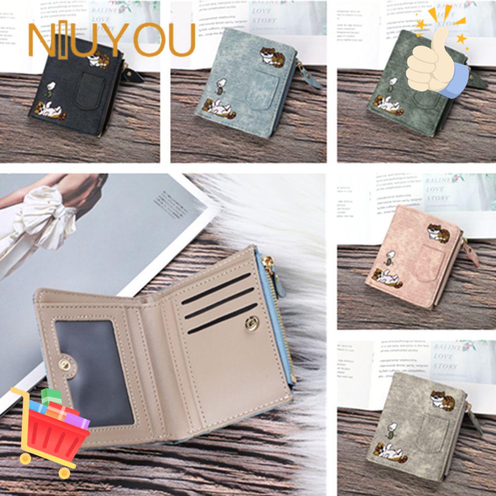 Ví Da PU Mini Có Khóa Kéo Thêu Họa Tiết Mèo Dùng Làm Quà Tặng Giá Đỡ