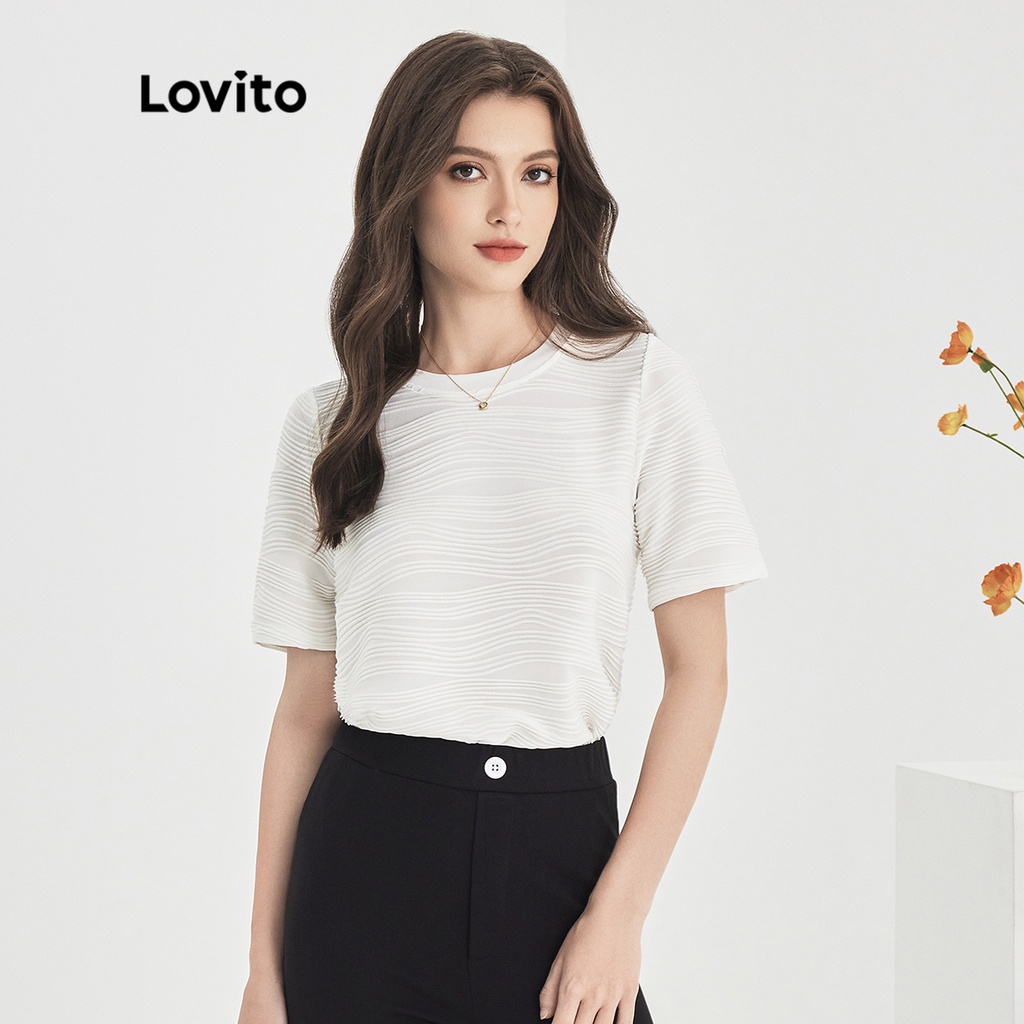 Áo thun Lovito tay ngắn cổ tròn dệt họa tiết màu trơn thường ngày cho nữ L51ED035 (Màu trắng)