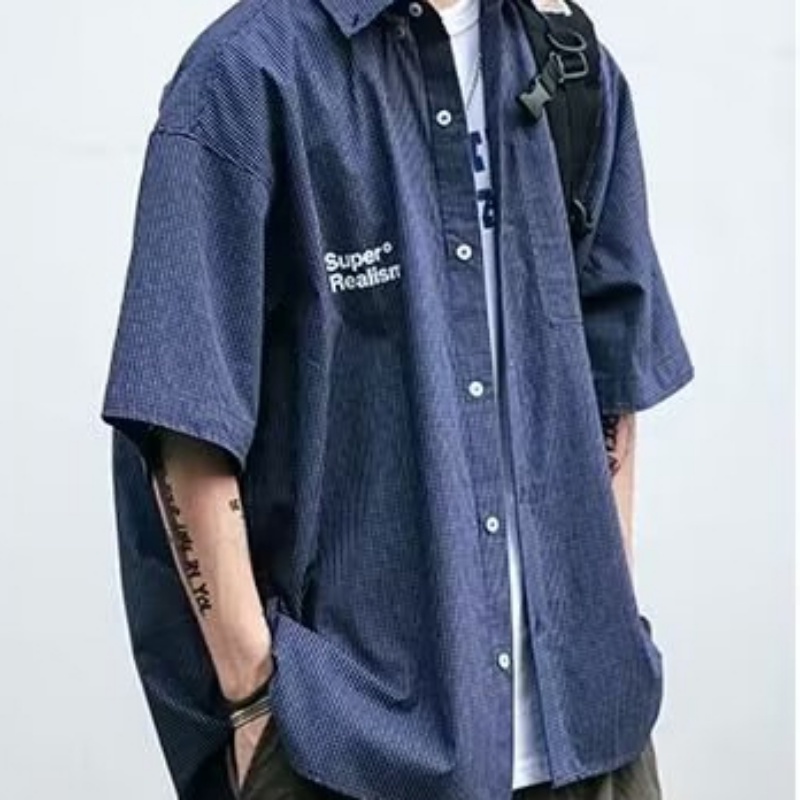 Áo Sơ Mi Tay Ngắn Dáng Rộng Họa Tiết Sọc Caro In Chữ Phong Cách Đường Phố Thời Trang Mùa Hè