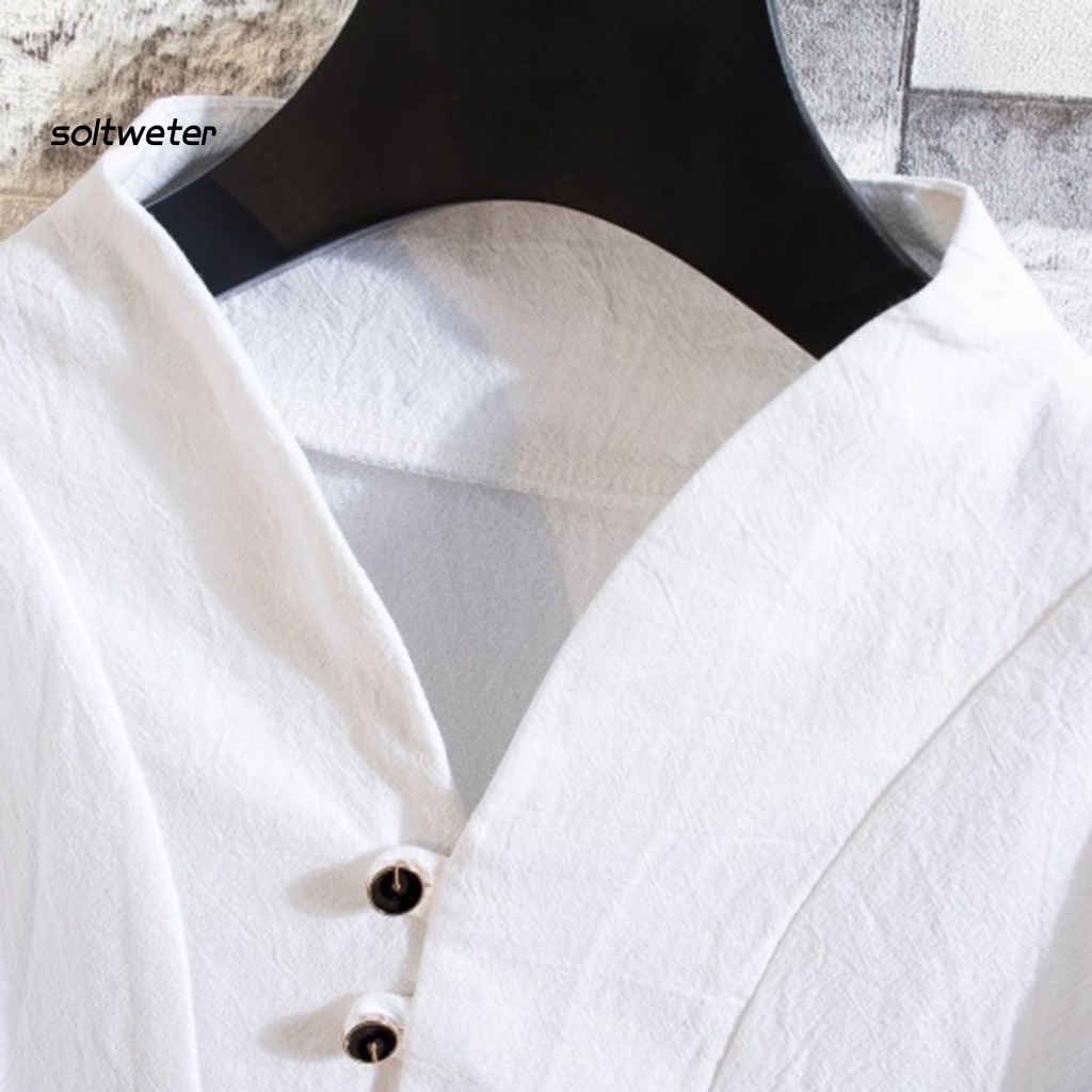 Set Đồ Mùa Hè 2 Món Gồm Áo Tay Cộc Cổ Chữ V Màu Trơn + Quần Dài Phong Cách Trung Hoa Cho Nam