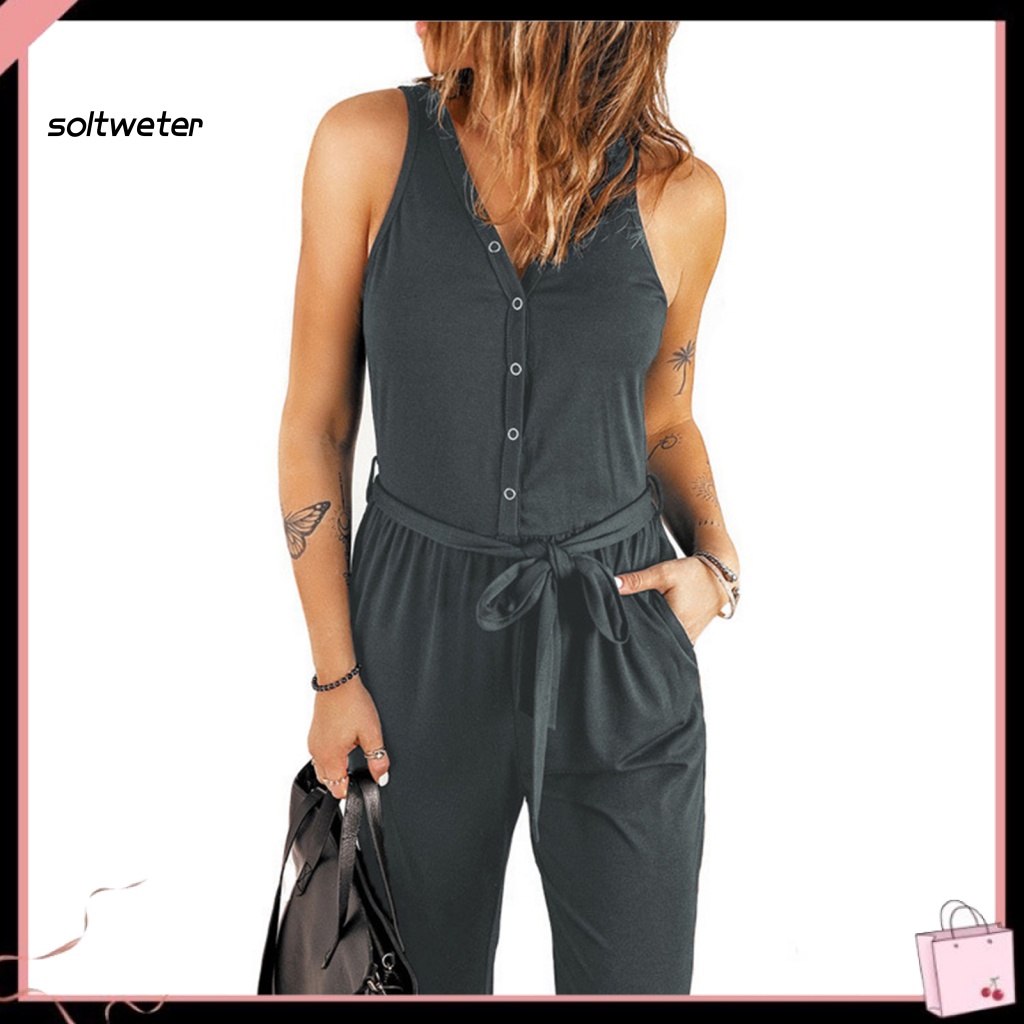 Bộ Áo Liền Quần Dáng Rộng Cài Nút Màu Sắc Trơn Thời Trang Mùa Hè Xinh Xắn Cho Nữ