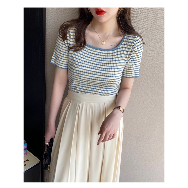 Áo Thun Tay Ngắn Cổ Vuông Họa Tiết Kẻ Sọc Thời Trang Mùa Hè Cho Nữ