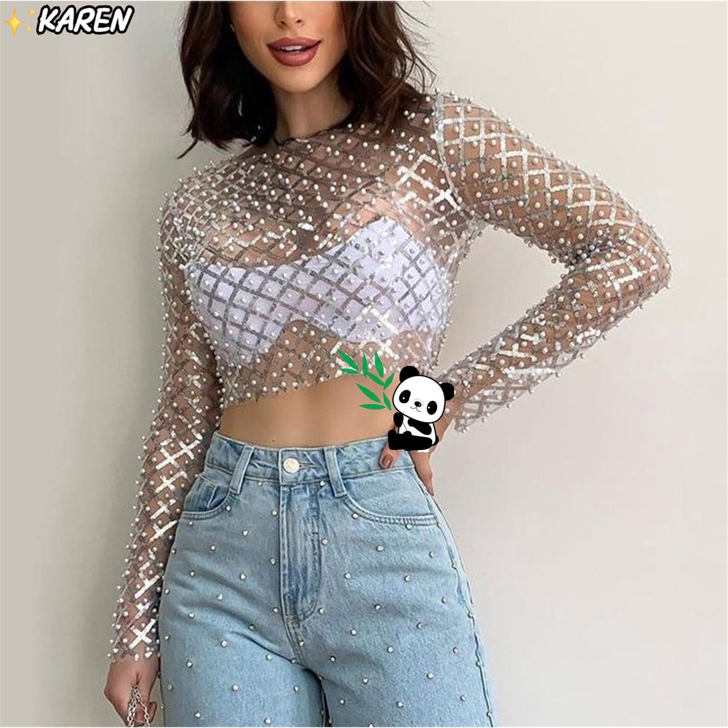 Áo Croptop Tay Dài Xuyên Thấu Đính Kim Sa Lấp Lánh Quyến Rũ Cho Nữ