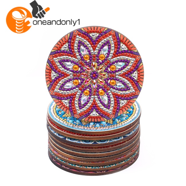 Bộ 10 Đế Lót Ly Đính Đá Chống Mài Mòn Họa Tiết Mandala Kèm Giá Đỡ Tiện Dụng Diy