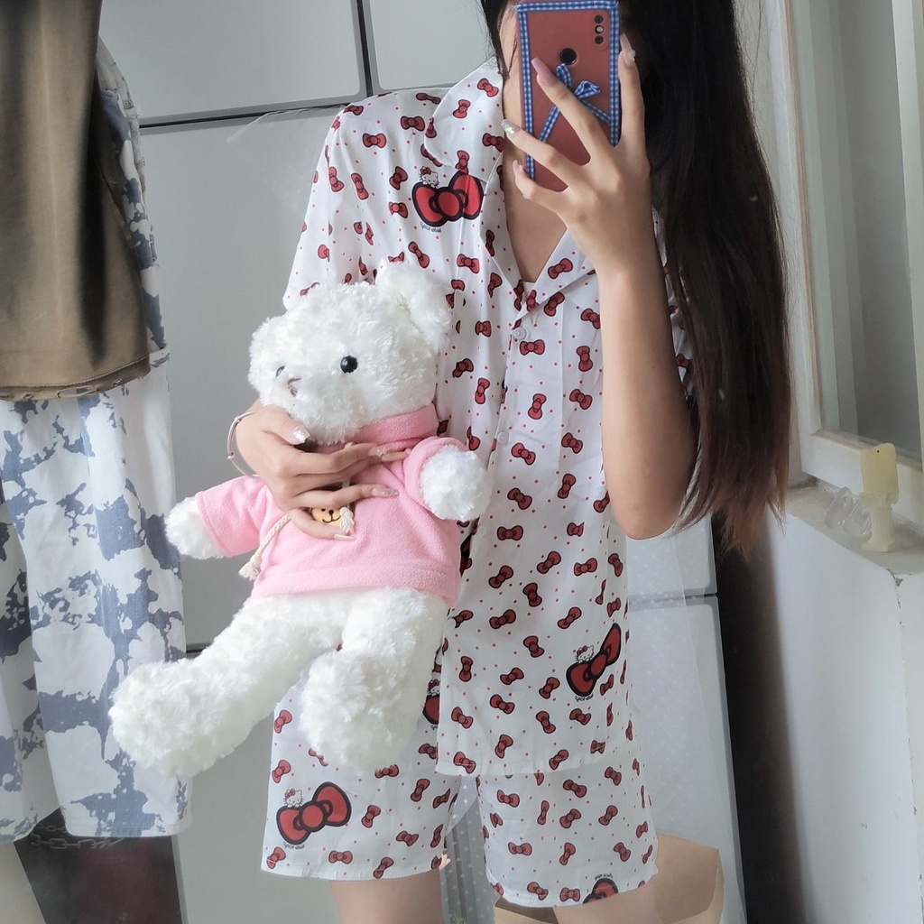 Bộ Đồ Ngủ Bằng Lụa Mát Mềm Mại In Hình Hello Kitty Đính Nơ Thời Trang Mùa Hè Dành Cho Bạn Gái