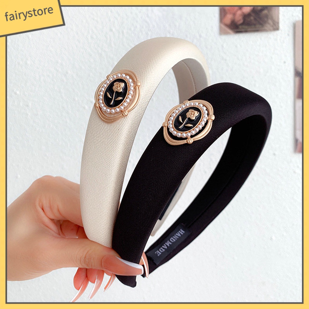 Băng Đô Cài Tóc Bản Rộng Đính Hoa Trà Và Ngọc Trai Nhân Tạo Màu Trơn Kiểu Vintage