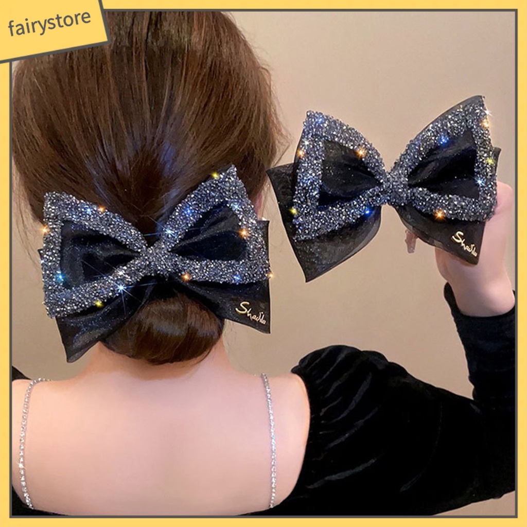 Kẹp Tóc Trang Trí Nơ Lưới Lớn Đính Đá Lấp Lánh Chống Trượt