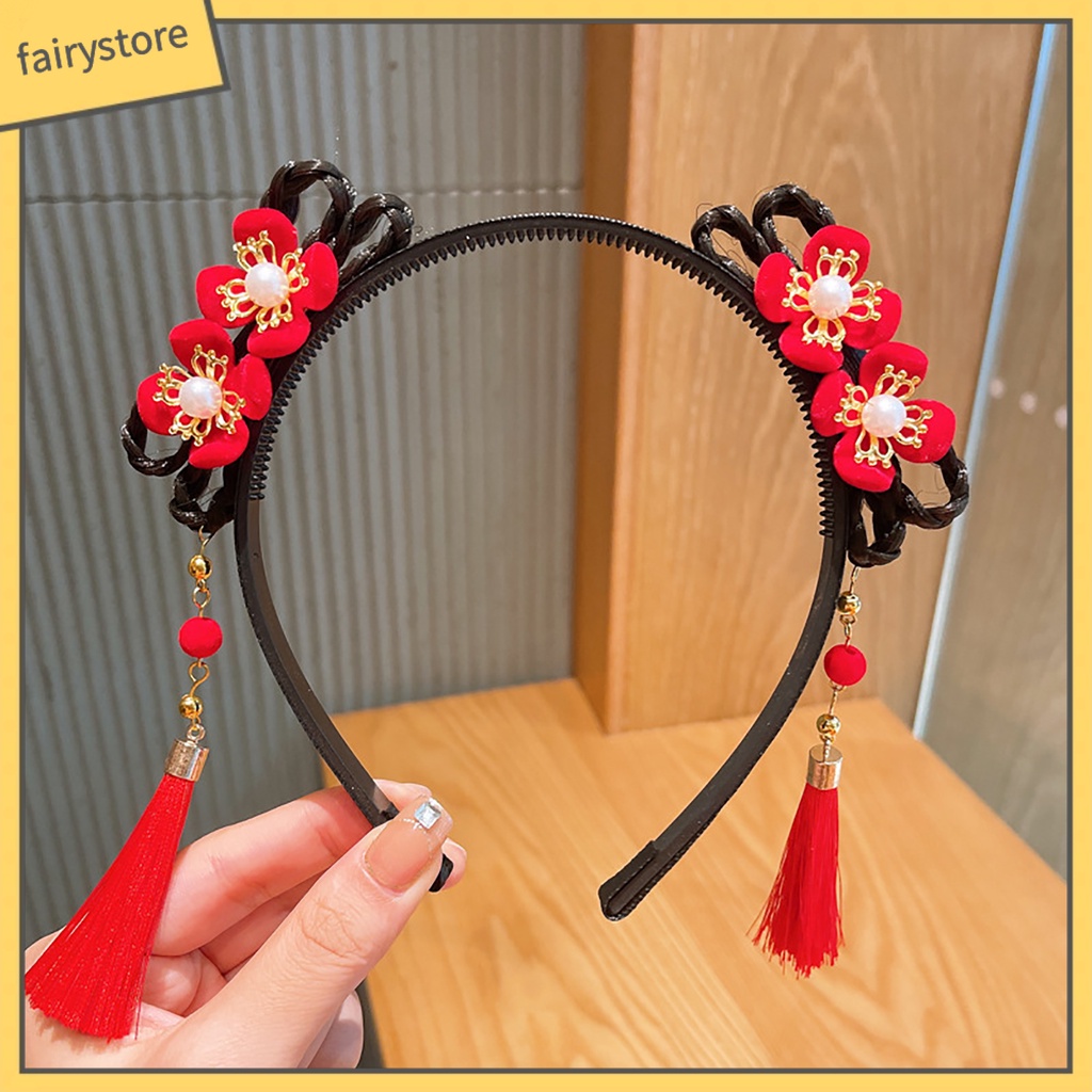 Băng Đô Nơ Đính Ngọc Trai Co Giãn Phối Bóng Lông Tua Rua Phong Cách Trung Hoa Mừng Năm Mới Cho Bé Gái