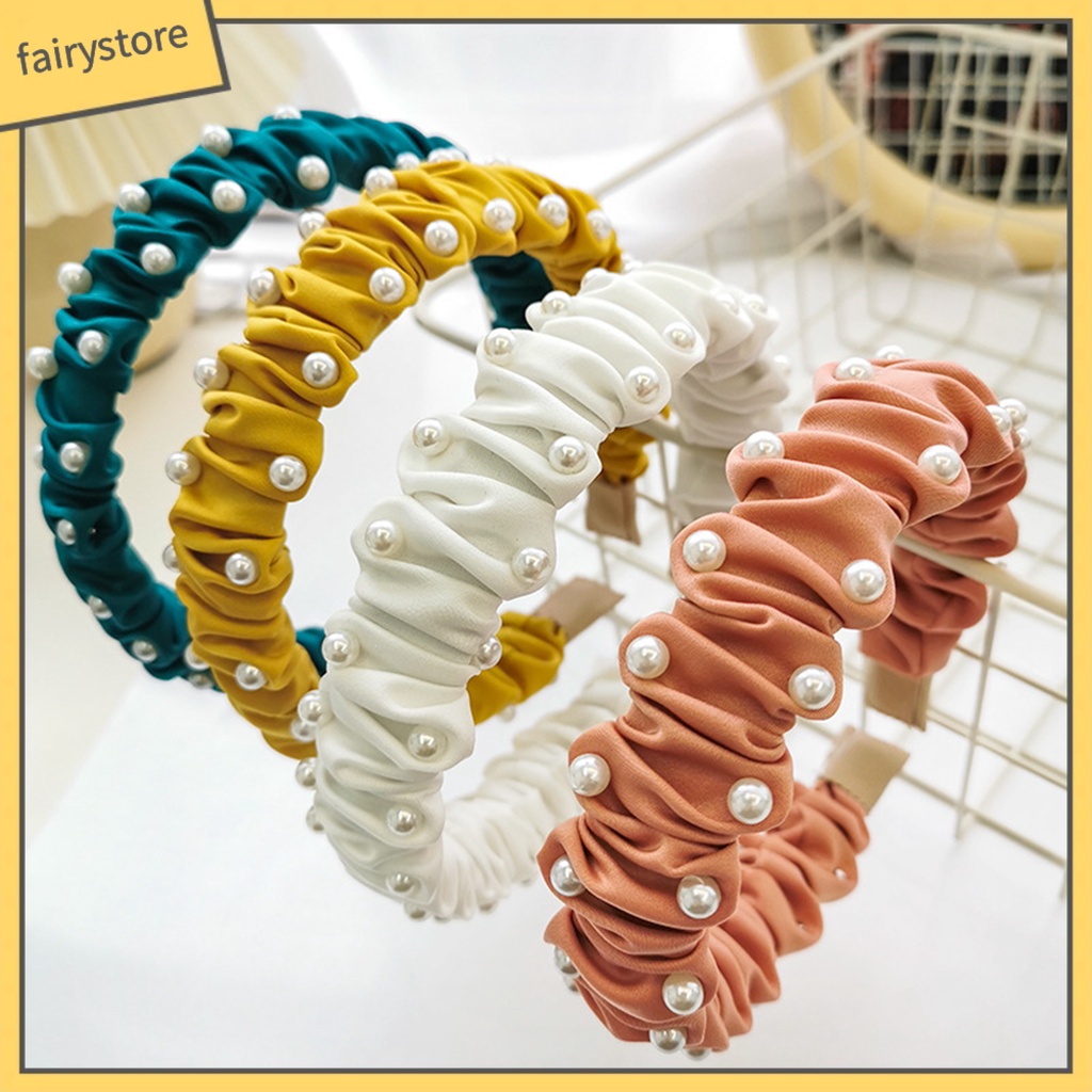 Băng Đô Bản Rộng Đính Ngọc Trai Nhân Tạo Chống Trượt Cho Nữ