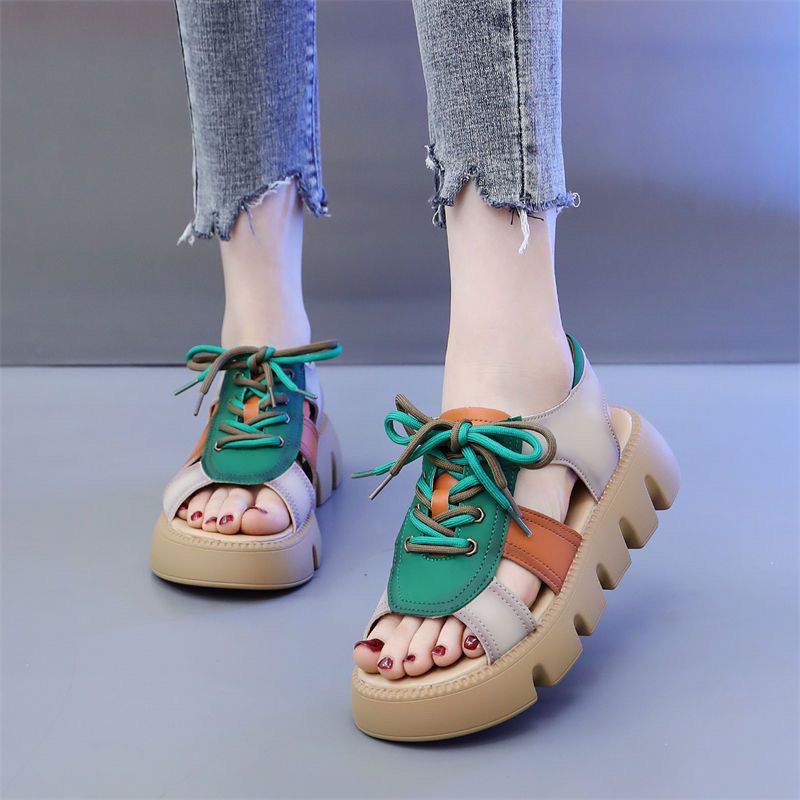 Giày Sandal Da Đế Dày Mũi Tròn Thời Trang Mùa Hè 2023 Dành Cho Nữ