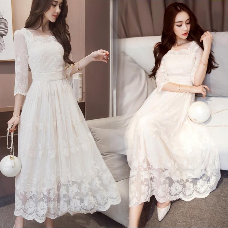 Đầm Dự Tiệc Dài Qua Gối Tay Lửng Phối Ren Màu Trắng Thanh Lịch Size s-2xl