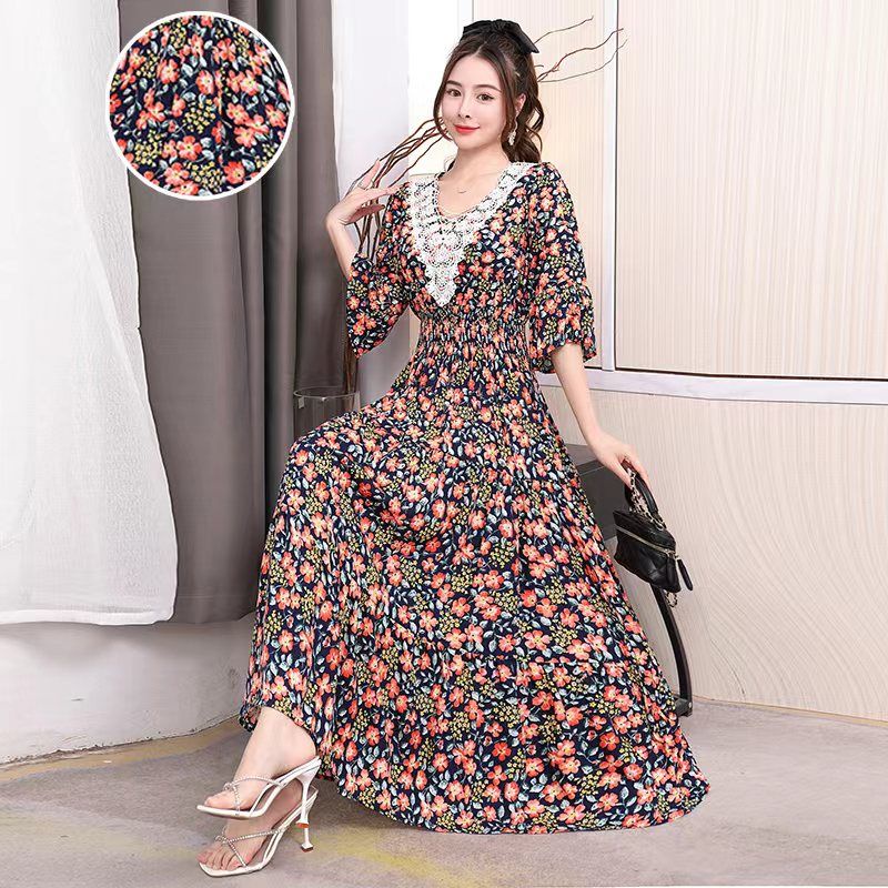 Đầm Xòe Dài Eo Cao Cổ Chữ V Bằng Lụa Cotton In Hoa Phong Cách Bohemian Dành Cho Nữ