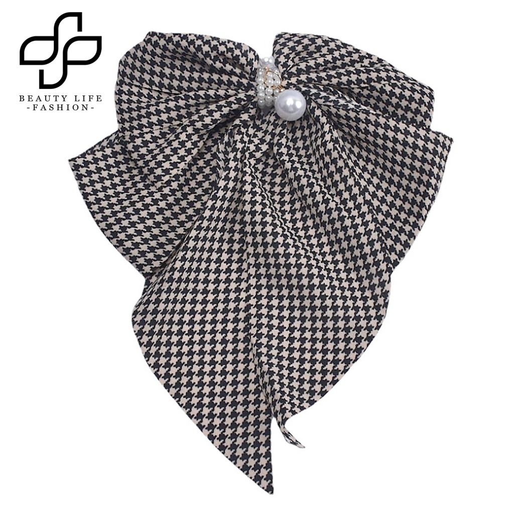 Kẹp Tóc Đuôi Ngựa Dài Nhiều Lớp Thắt Nơ Lớn In Họa Tiết Kẻ Sọc Caro Thanh Lịch Cho Nữ