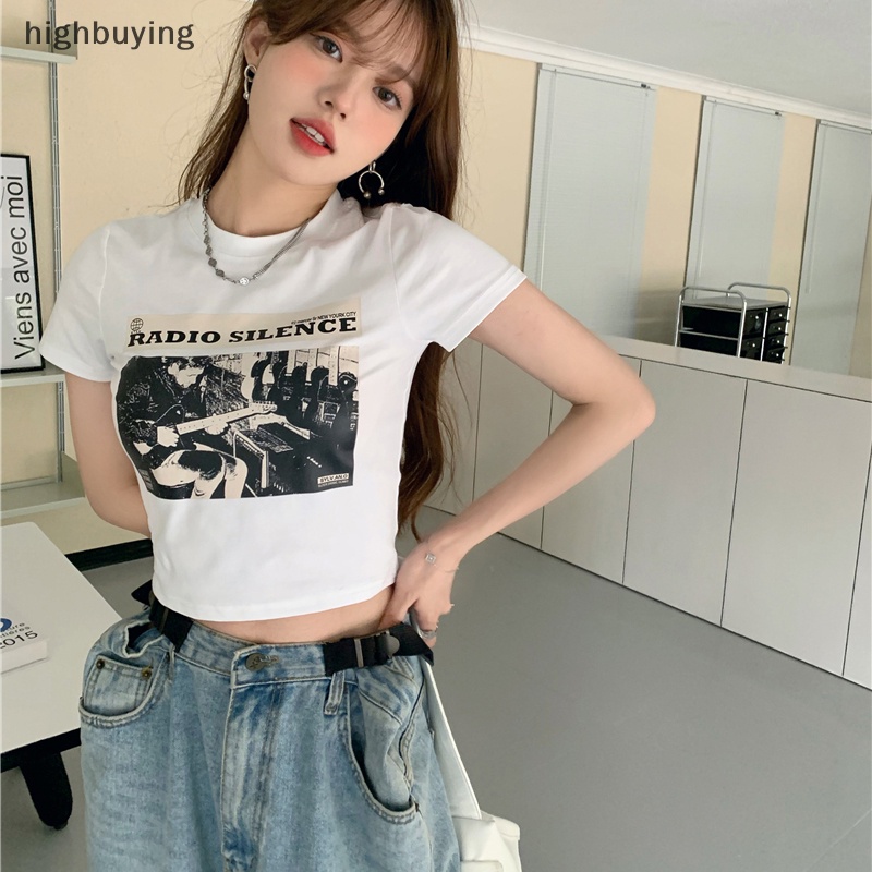 Áo Thun Lửng Ngắn Tay Cổ Tròn In Họa Tiết Kiểu Retro Mỹ Cho Nữ