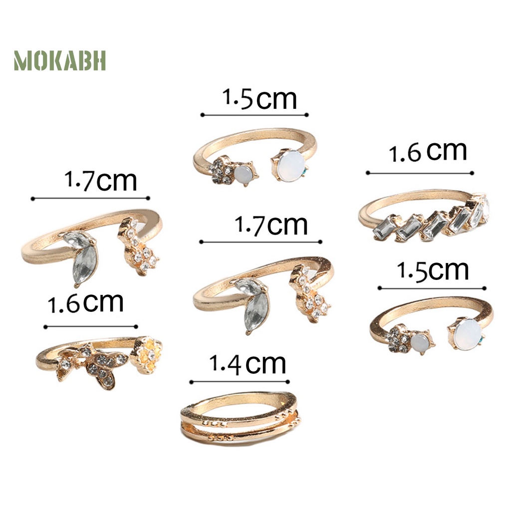 [Mok Abh] Bộ 7 Nhẫn Đeo Đốt Ngón Tay Họa Tiết Hình Hoa Và Bướm Đính Đá Lấp Lánh