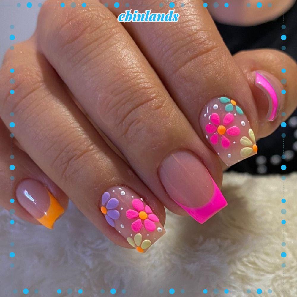 Set 24 Móng Tay Giả Dạng Nhấn Họa Tiết Hoa Nhiều Màu Sắc Phong Cách Pháp