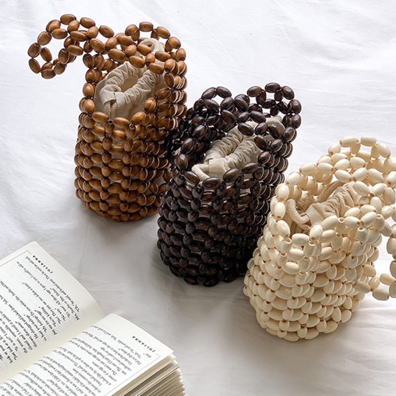 Ielgy Túi bucket Dây Rút Xỏ Hạt Gỗ Thủ Công Nhỏ Gọn Thời Trang niche Dành Cho Bạn Nữ