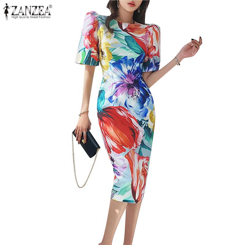 Đầm ZANZEA tay ngắn họa tiết hoa khóa kéo sau lưng thời trang Hàn Quốc cho nữ