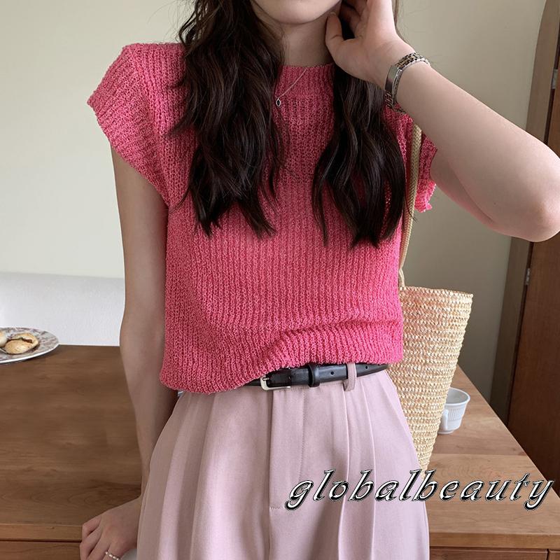 Áo Croptop Dệt Kim Tay Ngắn Màu Trơn Dễ Thương Thời Trang Mùa Hè Cho Nữ