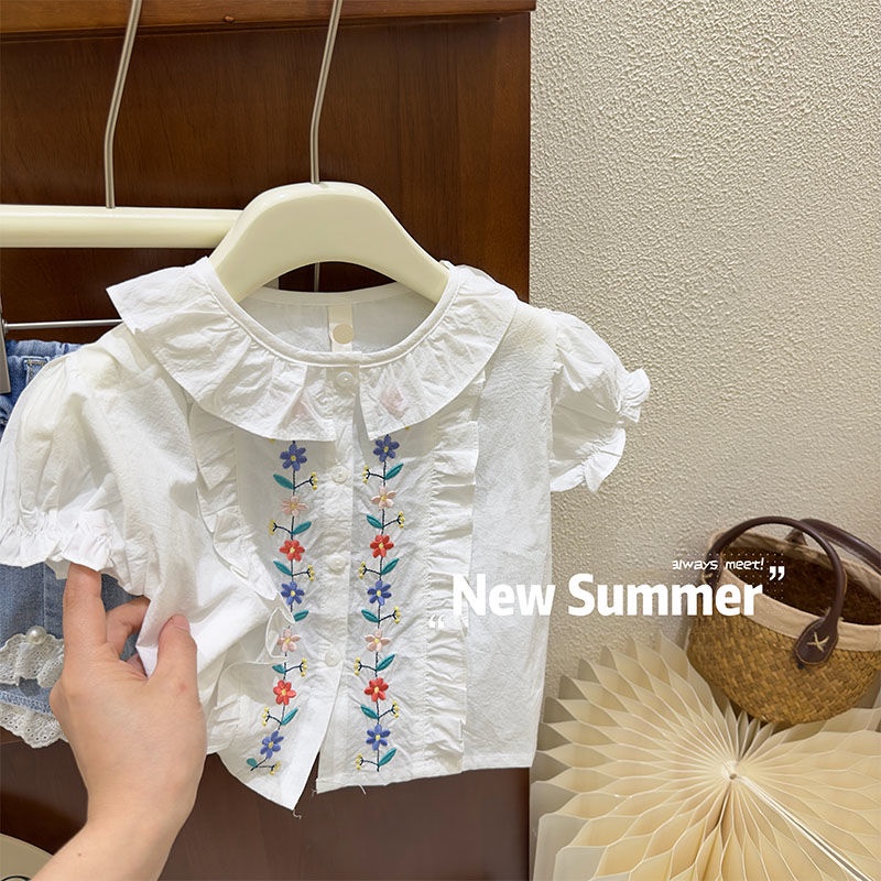 Áo Sơ Mi Cotton Nguyên Chất Thêu Họa Tiết Phong Cách Phương Tây Thời Trang Mùa Hè 2023 Mới Cho Bé Gái
