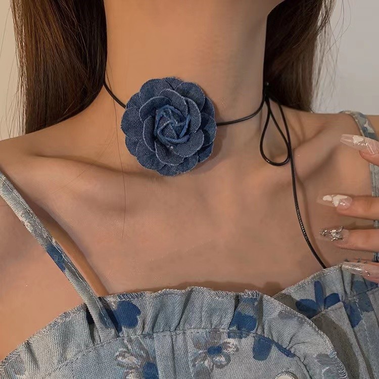 Vòng Cổ Choker Denim Hình Hoa Trà Xanh Dương Cột Dây Thời Trang Mùa Hè Cổ Điển Cho Nữ