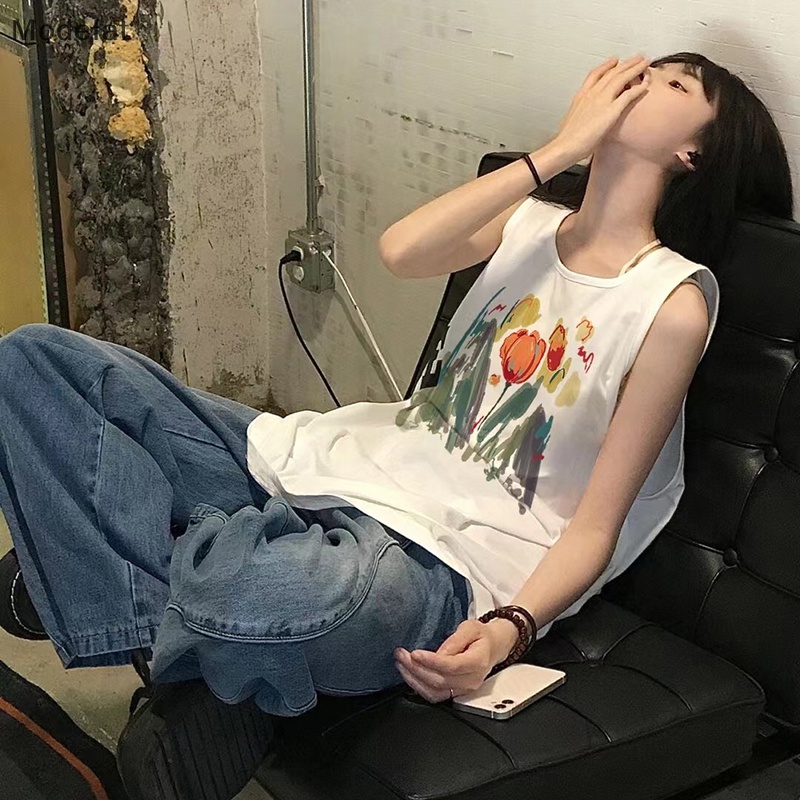 Áo Sát Nách Cổ Tròn Dáng Rộng In Họa Tiết Kiểu Retro Mỹ Thời Trang Mùa Hè Cho Bạn Gái