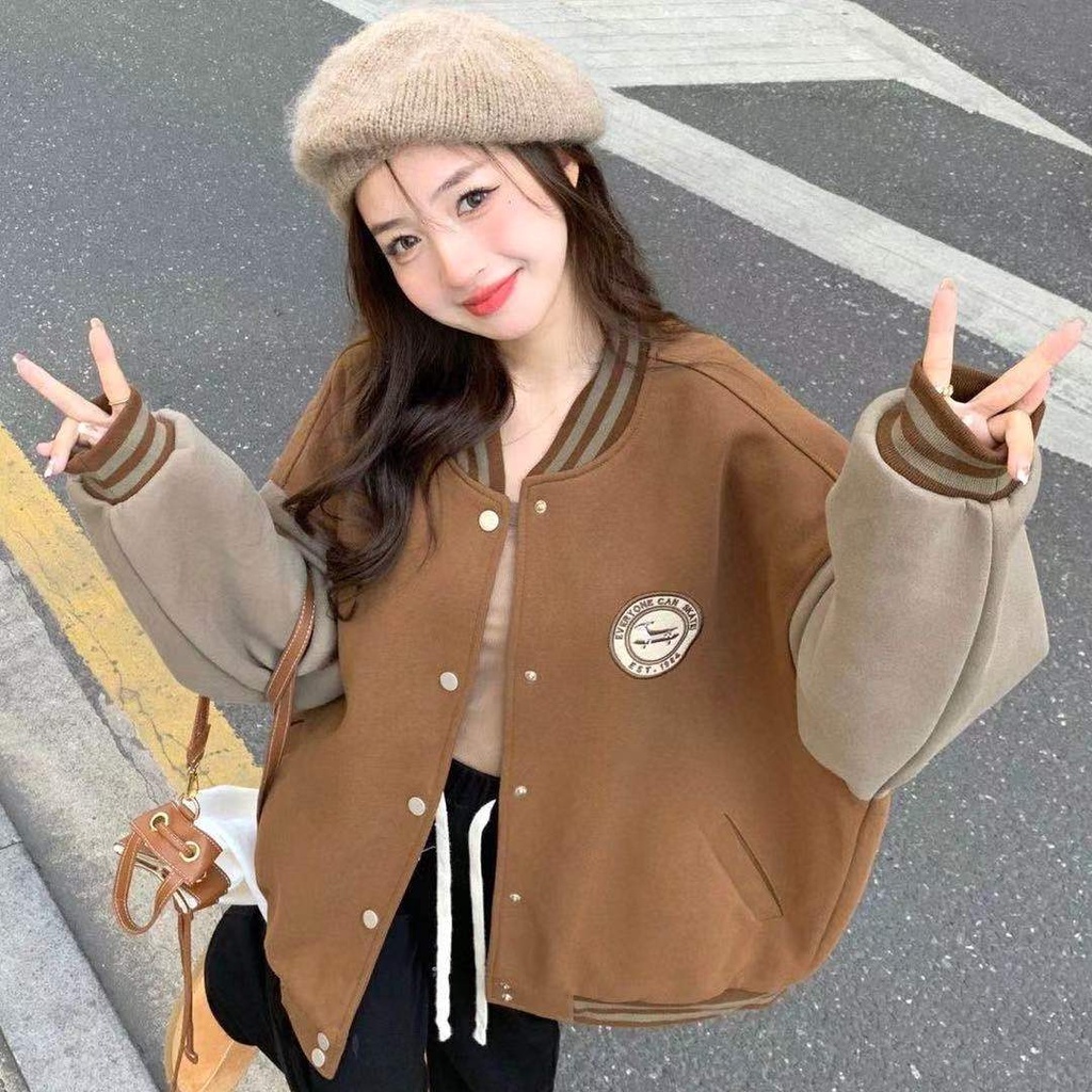 Áo Khoác Bóng Chày Tay Dài Dáng Rộng Bằng Vải Lông Thời Trang Thu Đông Cho Nữ